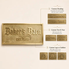 Personalized Brass Plaque infographic showing custom text, available sizes, finish details and mounting options.