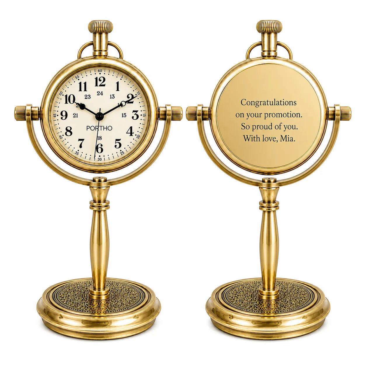 Two antique-style gold brass desk clocks shown side by side on a white background. The left clock has a round white dial with black numerals and hands, and the word 'POTHO' on the face.