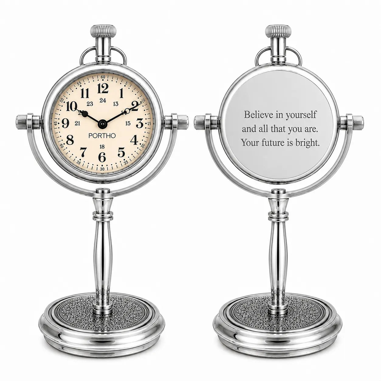 Silver personalized desk clock with engraved message