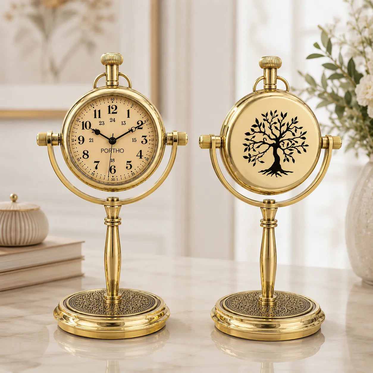 Antique brass desk clock front and engraved back