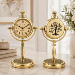 Antique brass desk clock front and engraved back