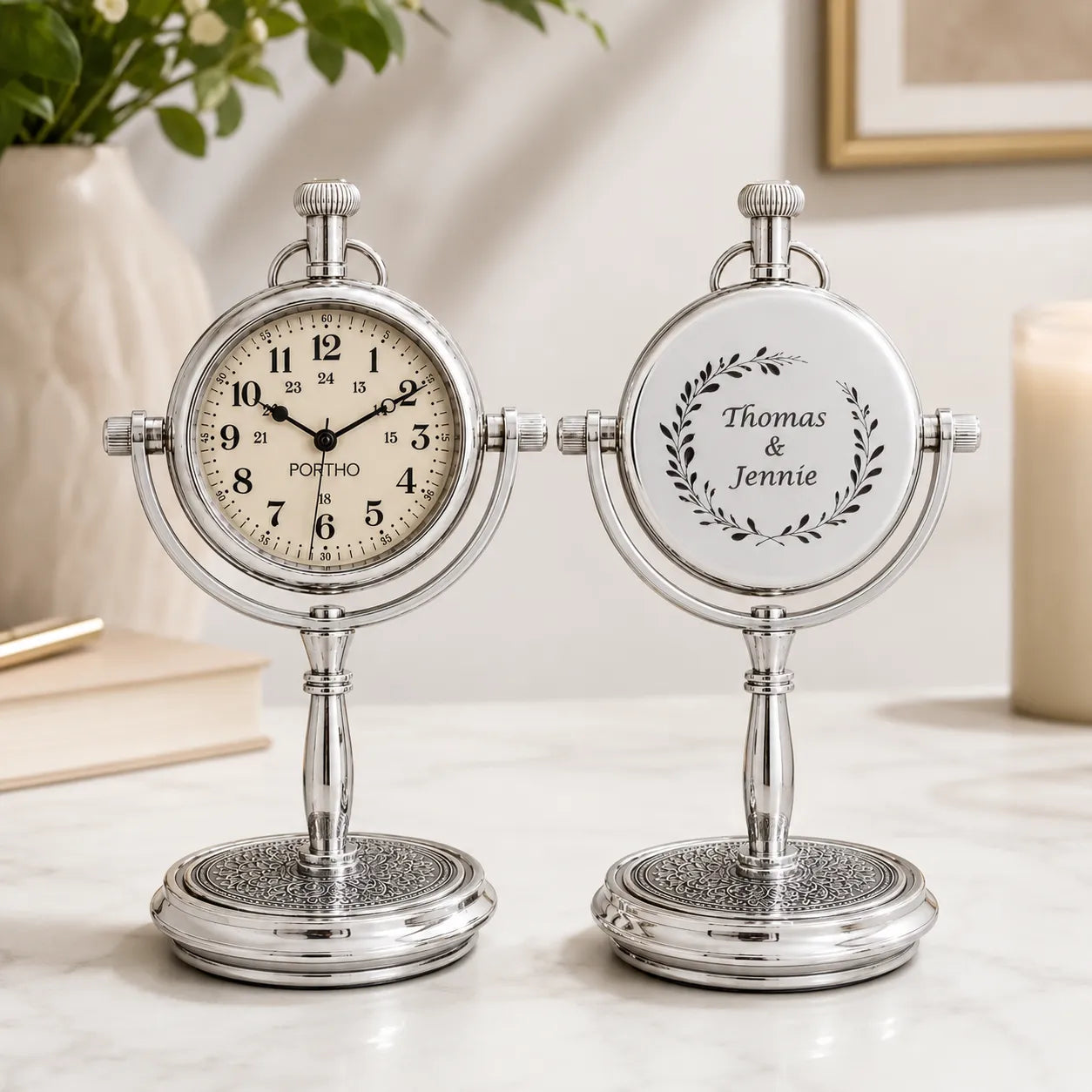 Silver engraved desk clock for anniversary gift