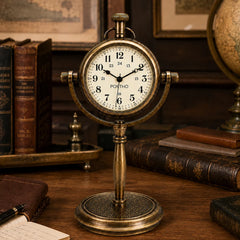 Antique brass desk clock front view