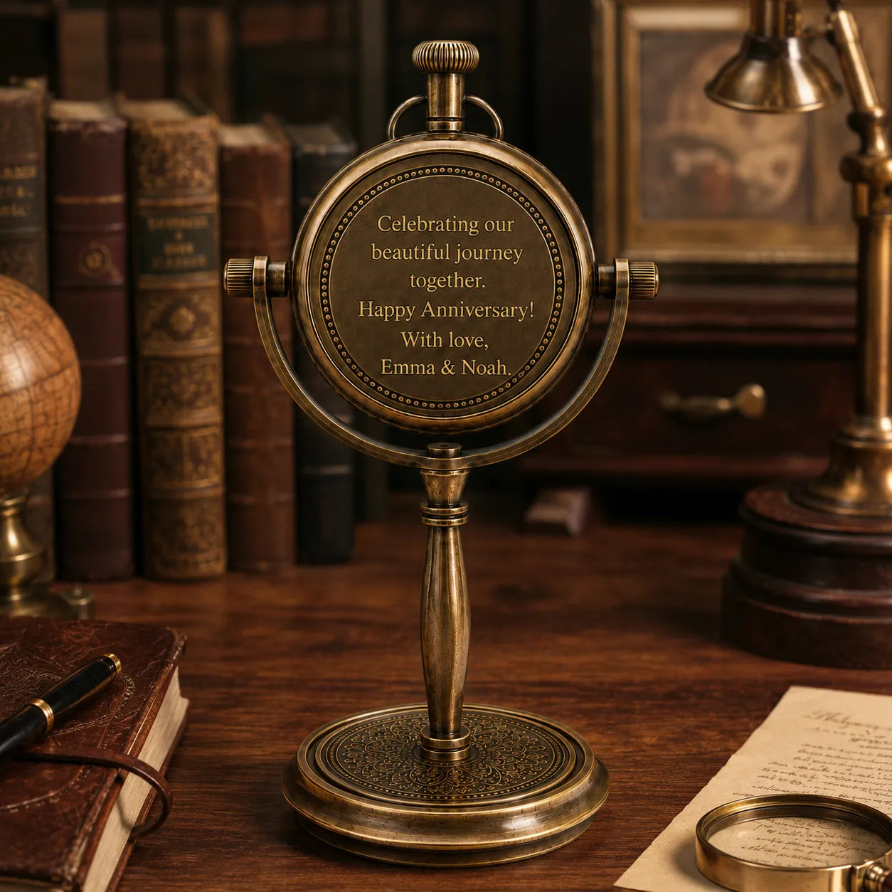 Antique brass desk clock back view