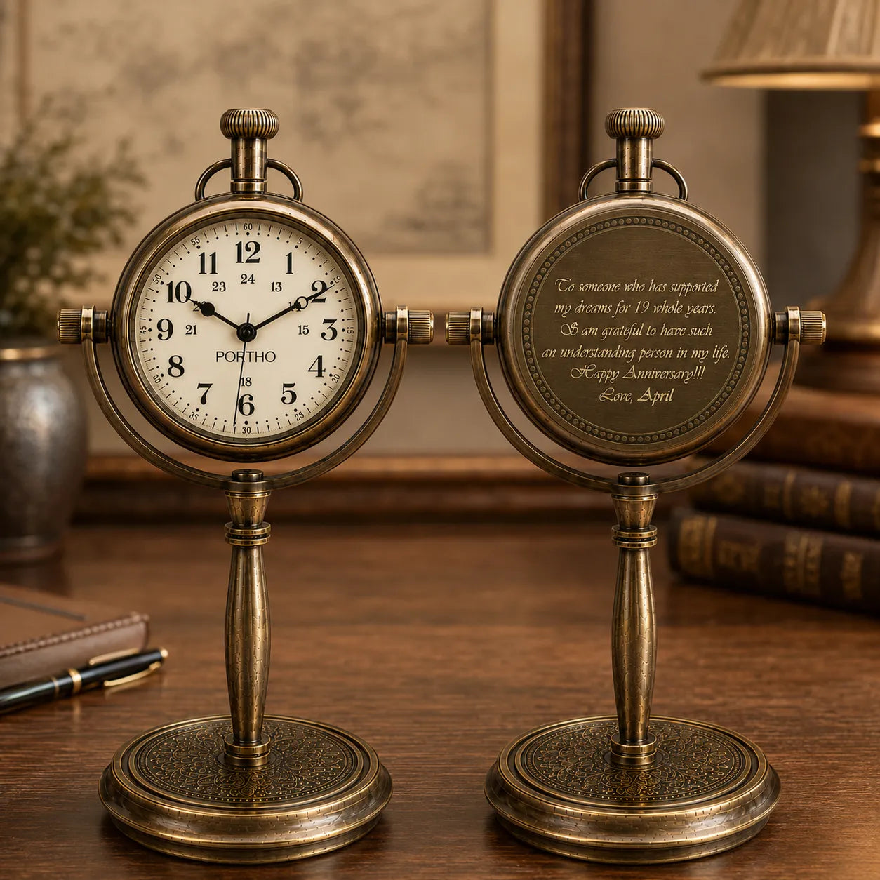 Antique brass anniversary clock with romantic engraving