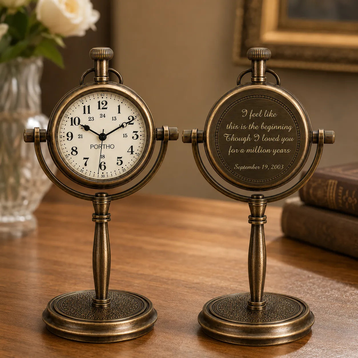  Engraved brass desk clock anniversary gift lifestyle view