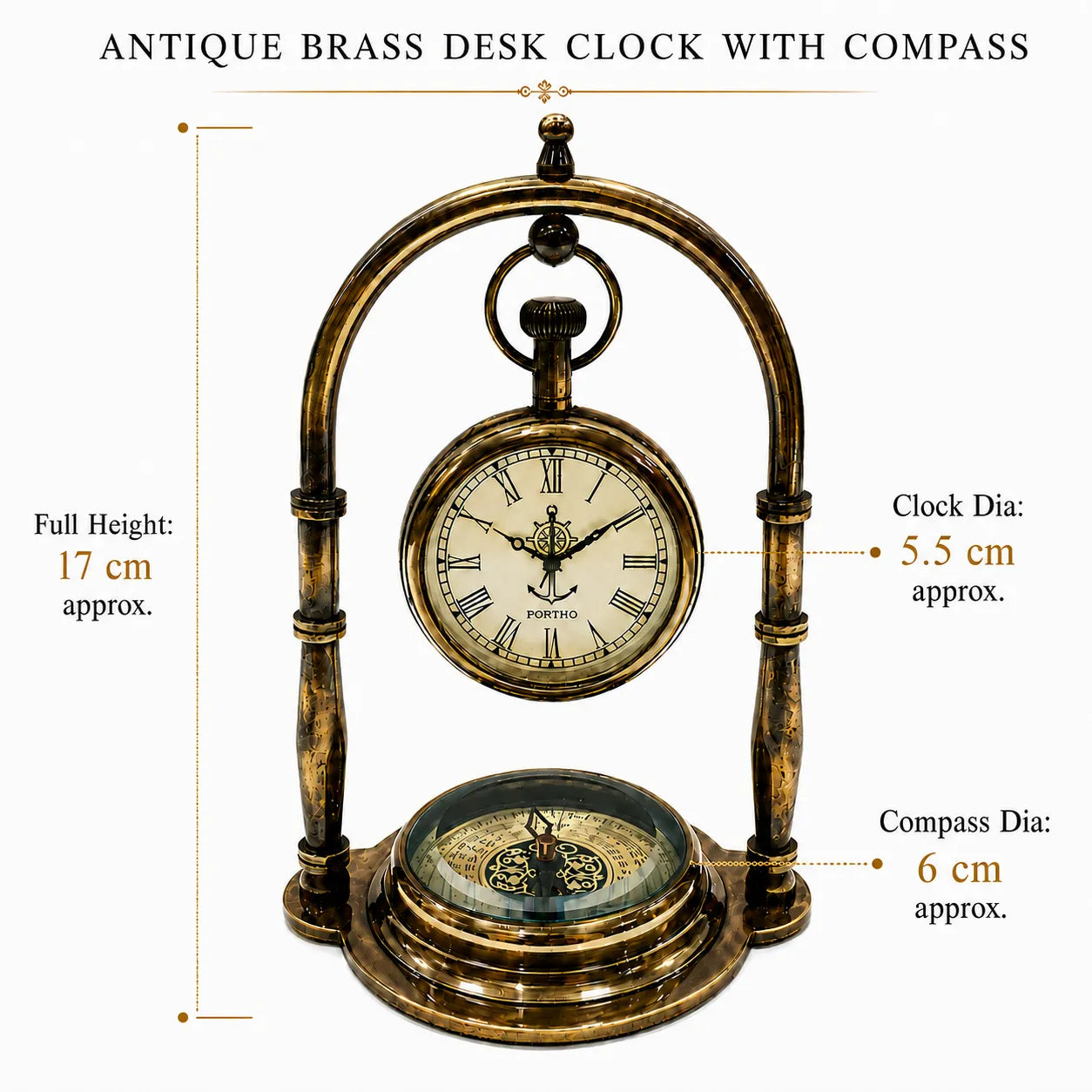 An antique brass desk clock with an integrated compass, shown with dimension labels indicating a full height of 17 cm, a clock diameter of 5.5 cm, and a compass diameter of 6 cm.