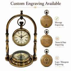 An antique-style brass pocket watch clock with a compass base on a white background, featuring text callouts for message engraving, name and date engraving, and logo/monogram engraving.