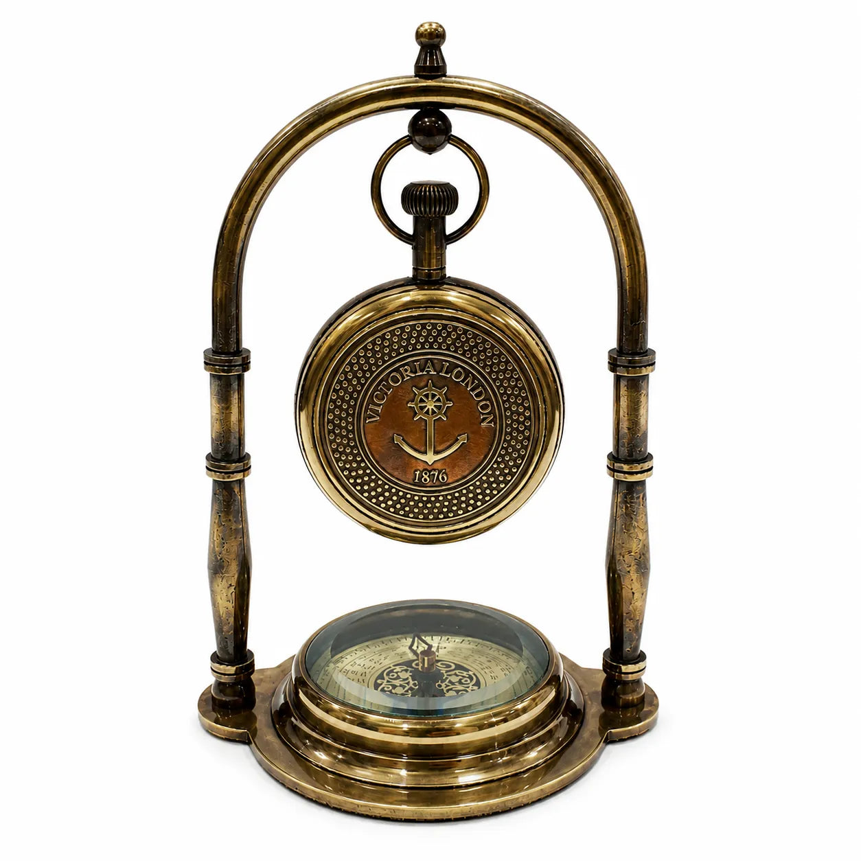 An antique brass nautical compass on a decorative stand, featuring a circular compass at the top with 'NAVY LONDON 1870' and a smaller compass base, set against a plain white background.