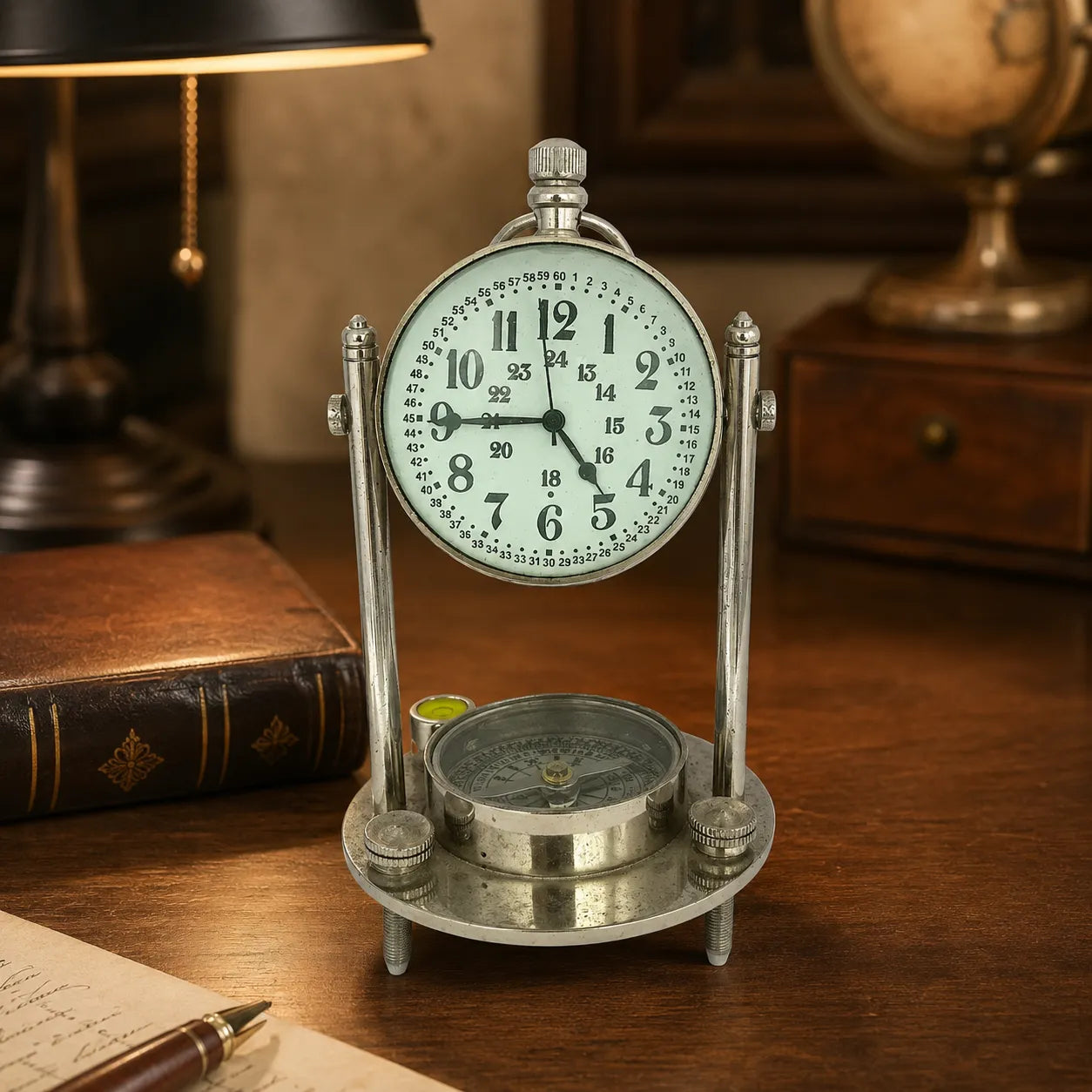 A vintage-style metal desk clock with a round white face, black numerals, and a small compass on the base, displayed on a wooden desk with books and a lamp in the background.