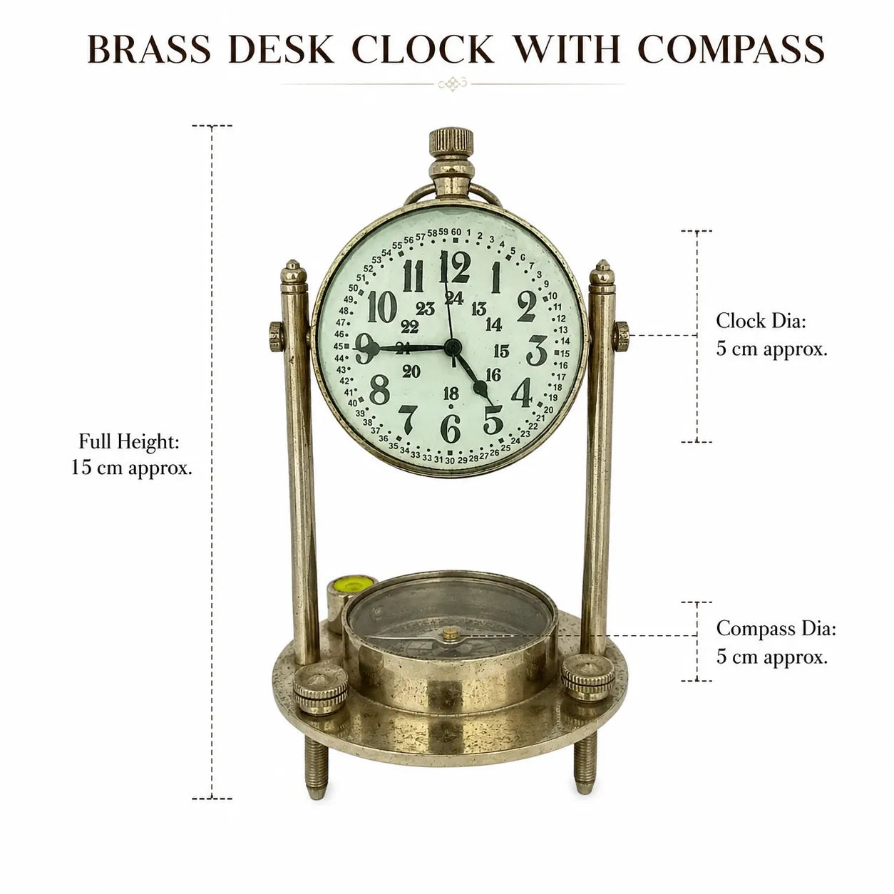 A brass desk clock with an integrated compass and clock face, shown on a white background with dimension labels indicating full height of 15 cm, clock diameter of 5 cm, and compass diameter of 5 cm.