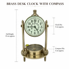 A brass desk clock with an integrated compass and clock face, shown on a white background with dimension labels indicating full height of 15 cm, clock diameter of 5 cm, and compass diameter of 5 cm.