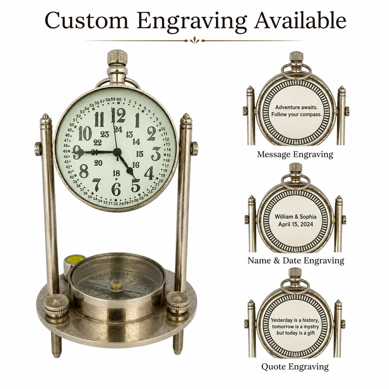 An antique-style hanging desk clock with a brass-toned metal frame, round clock face, and compass in a tray at the base, shown on a white background with text reading 'Custom Engraving Available' and three smaller example engraving views on the right.