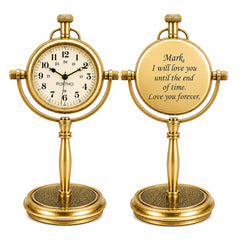 Two antique-style gold brass desk clocks shown side by side on a white background. The left clock is facing forward with a cream-colored dial and black hands, featuring the brand name 'PORTO'.
