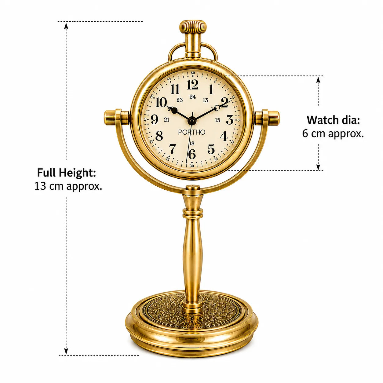 A gold-finished tabletop clock styled like a pocket watch, shown with dimension callouts indicating a full height of 13 cm and a watch face diameter of 6 cm. The clock has a round cream dial with black numerals and hands, mounted on a decorative stand against a white background.