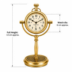 A gold-finished tabletop clock styled like a pocket watch, shown with dimension callouts indicating a full height of 13 cm and a watch face diameter of 6 cm. The clock has a round cream dial with black numerals and hands, mounted on a decorative stand against a white background.