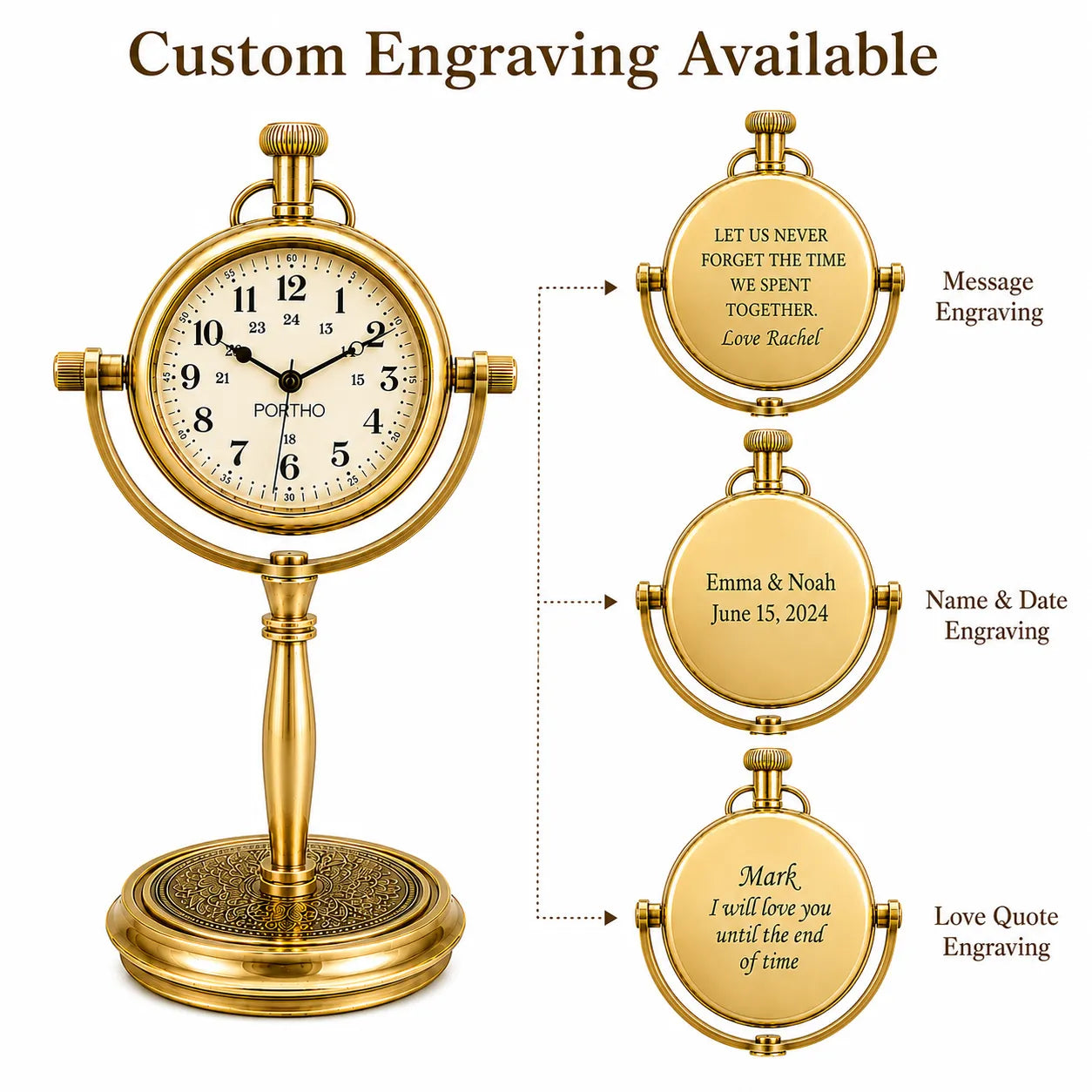 Gold-colored freestanding pocket watch clock on a white background with the headline 'Custom Engraving Available' and three smaller views showing personalized engraving options on the watch face and sides.