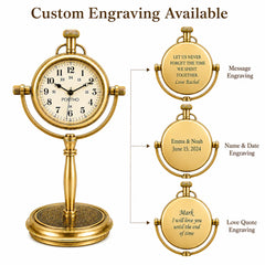 Gold-colored freestanding pocket watch clock on a white background with the headline 'Custom Engraving Available' and three smaller views showing personalized engraving options on the watch face and sides.