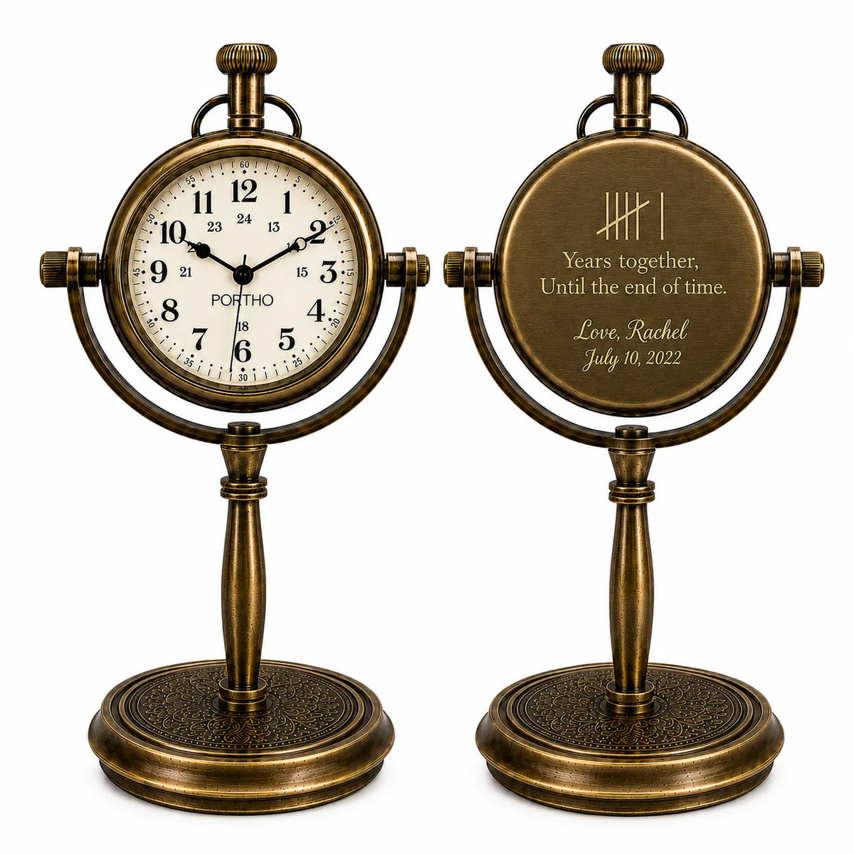 Two antique bronze tabletop clocks shown side by side on a white background. The left clock is a Pofto brand analog wall clock with a white face and black numerals.