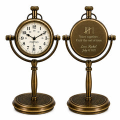 Two antique bronze tabletop clocks shown side by side on a white background. The left clock is a Pofto brand analog wall clock with a white face and black numerals.