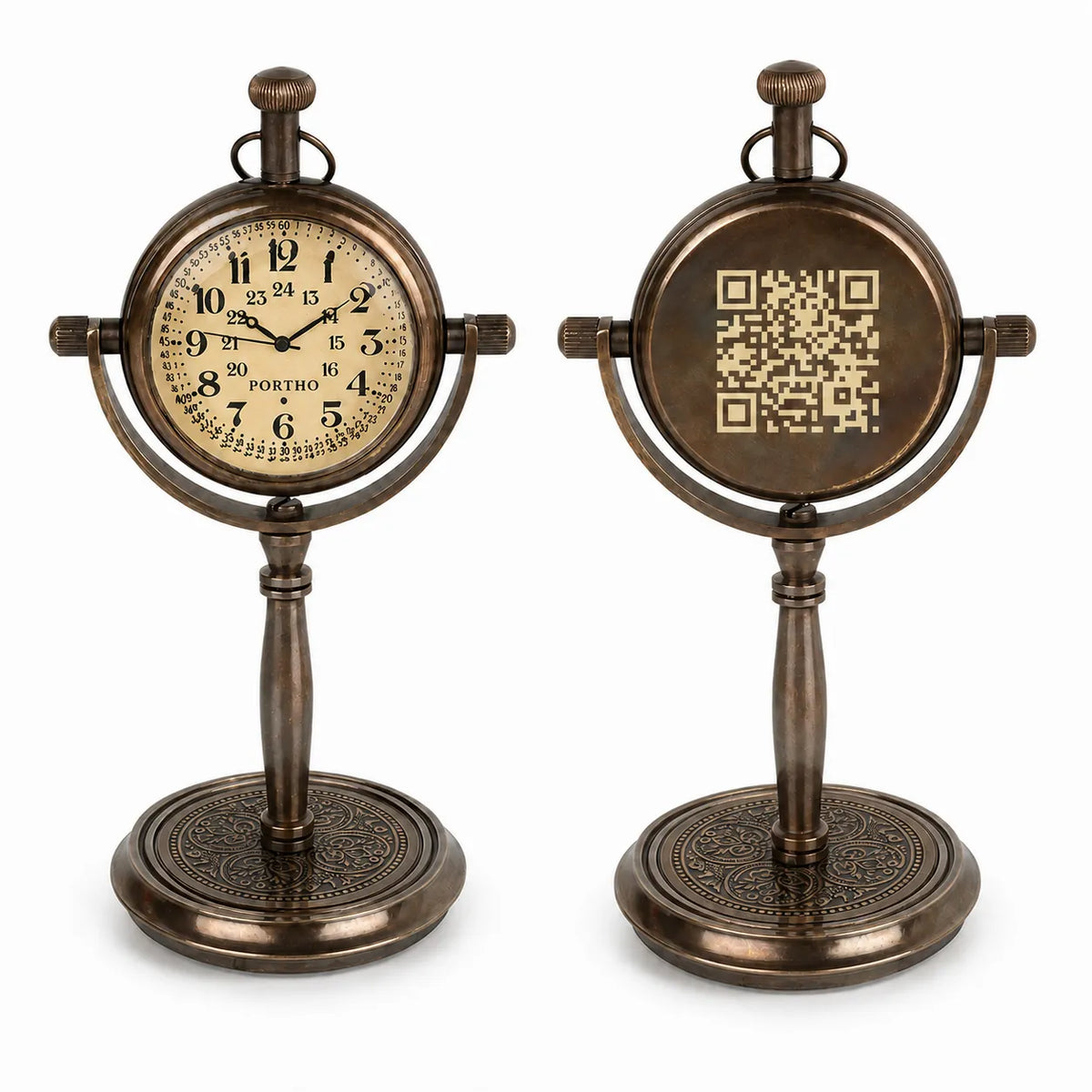 Two antique-style bronze desk clocks shown side by side on a white background, one displaying a 24-hour analog clock face and the other showing a QR code on the clock face.
