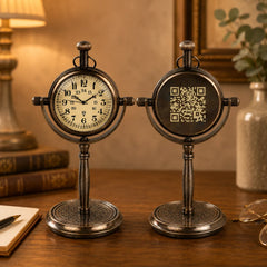 Two antique-style metal desk clocks with round bases and ornate stems, displayed side by side on a wooden table in a warmly lit room. One clock face is visible, while the other shows a QR code on its front.
