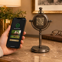 A hand holds a smartphone showing a successful QR code scan screen next to an antique bronze tabletop memory box with a circular QR code on its face, set on a marble table in a warm, elegant room.