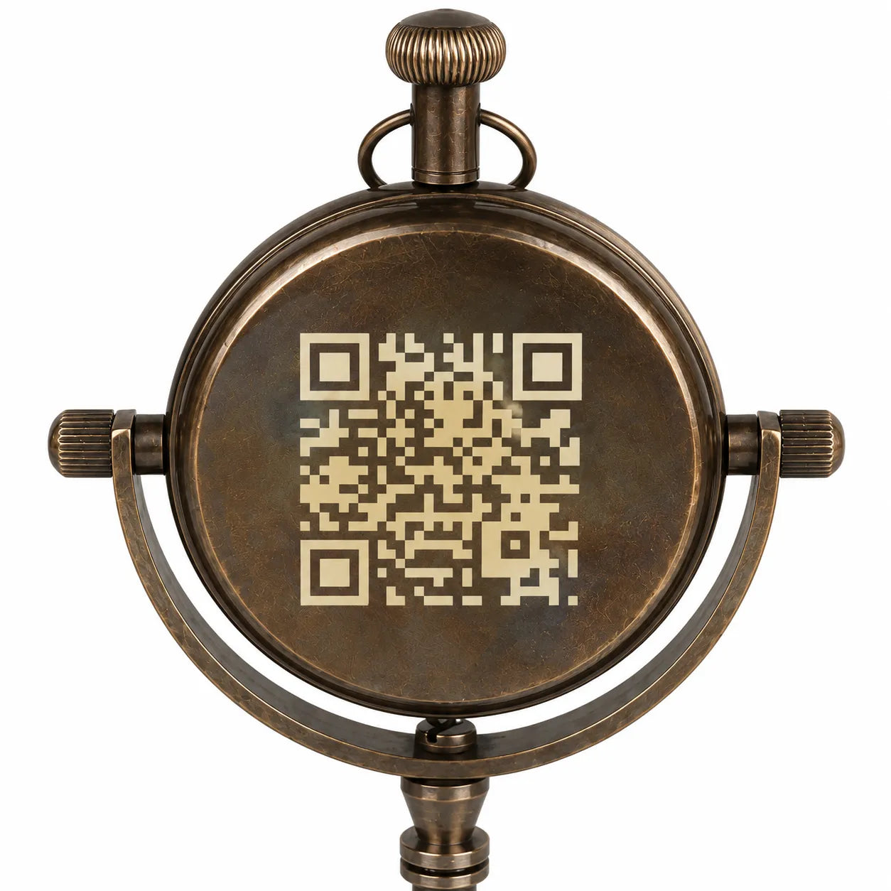 A round antique bronze pocket watch case with a QR code printed in the center, isolated on a white background.