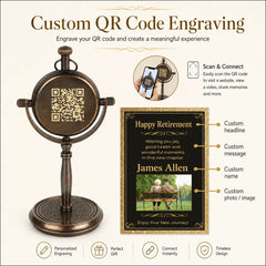 An advertisement for a custom bronze-colored QR code engraved memorial/obituary stand. The image shows the freestanding round metal plaque on a decorative base, a sample QR code engraved on the front, and an inset graphic demonstrating a customized retirement eulogy layout with text fields and a photo placeholder.