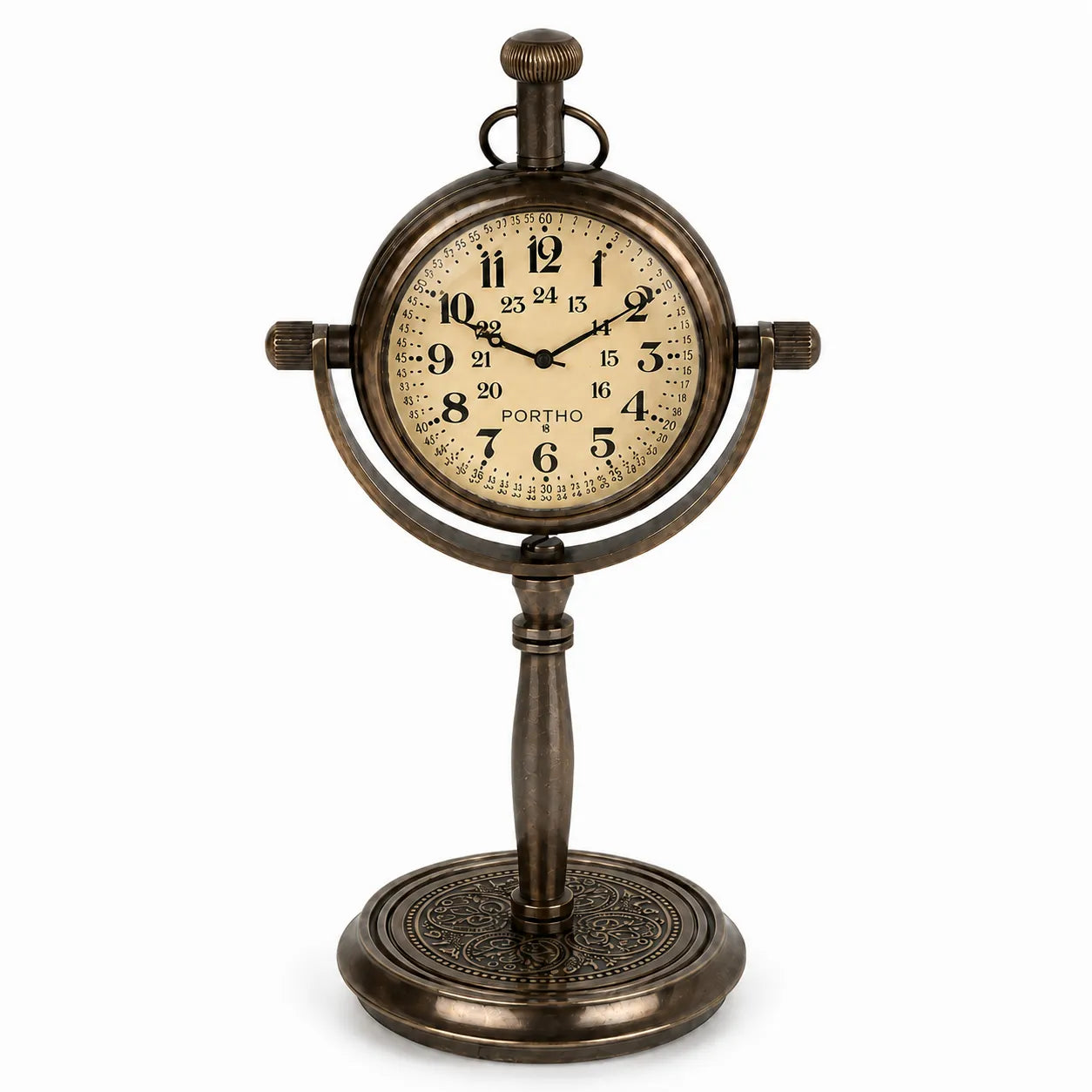 A vintage-style tabletop clock with an antique bronze finish, featuring a round cream-colored dial with black Arabic numerals and the brand name 'PORTHO' printed near the center. The clock is mounted on a decorative pedestal stand with a circular base.