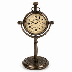 A vintage-style tabletop clock with an antique bronze finish, featuring a round cream-colored dial with black Arabic numerals and the brand name 'PORTHO' printed near the center. The clock is mounted on a decorative pedestal stand with a circular base.