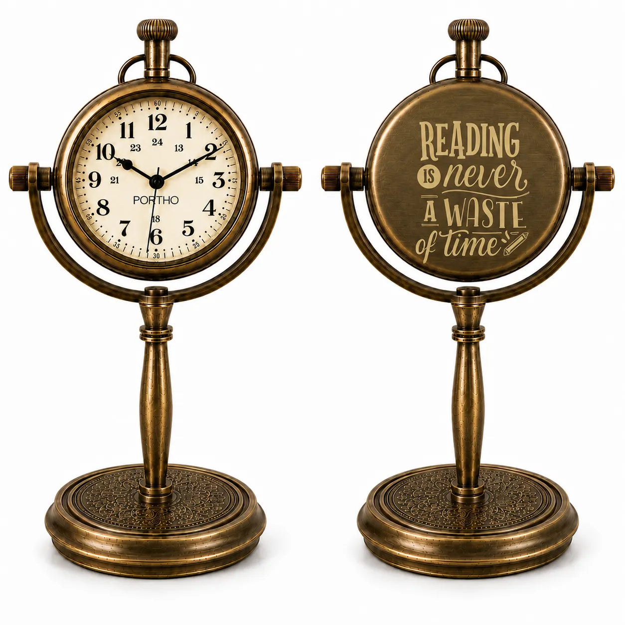 Two antique-style brass reading lamps shown side by side on a white background. The left lamp features a round clock face with the brand name 'PORTHO' and the time 10:15.
