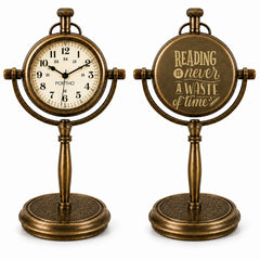 Two antique-style brass reading lamps shown side by side on a white background. The left lamp features a round clock face with the brand name 'PORTHO' and the time 10:15.