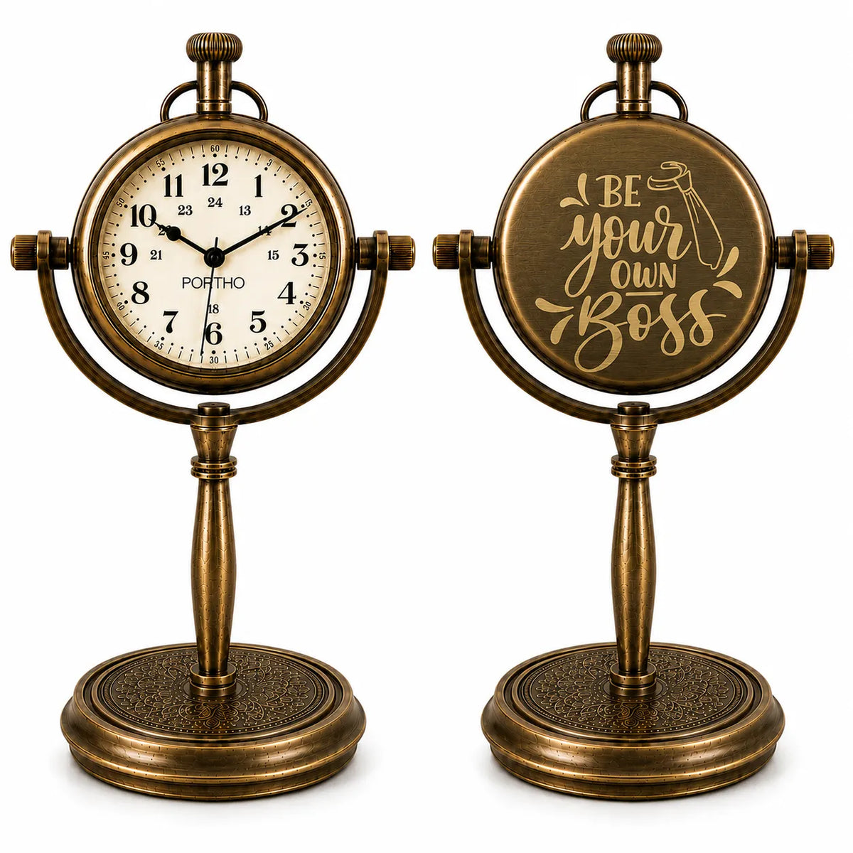 Two antique bronze desk clocks shown side by side on a white background. The left clock has a round white dial with black numbers and hands, and the word 'PORTHO' visible near the center.