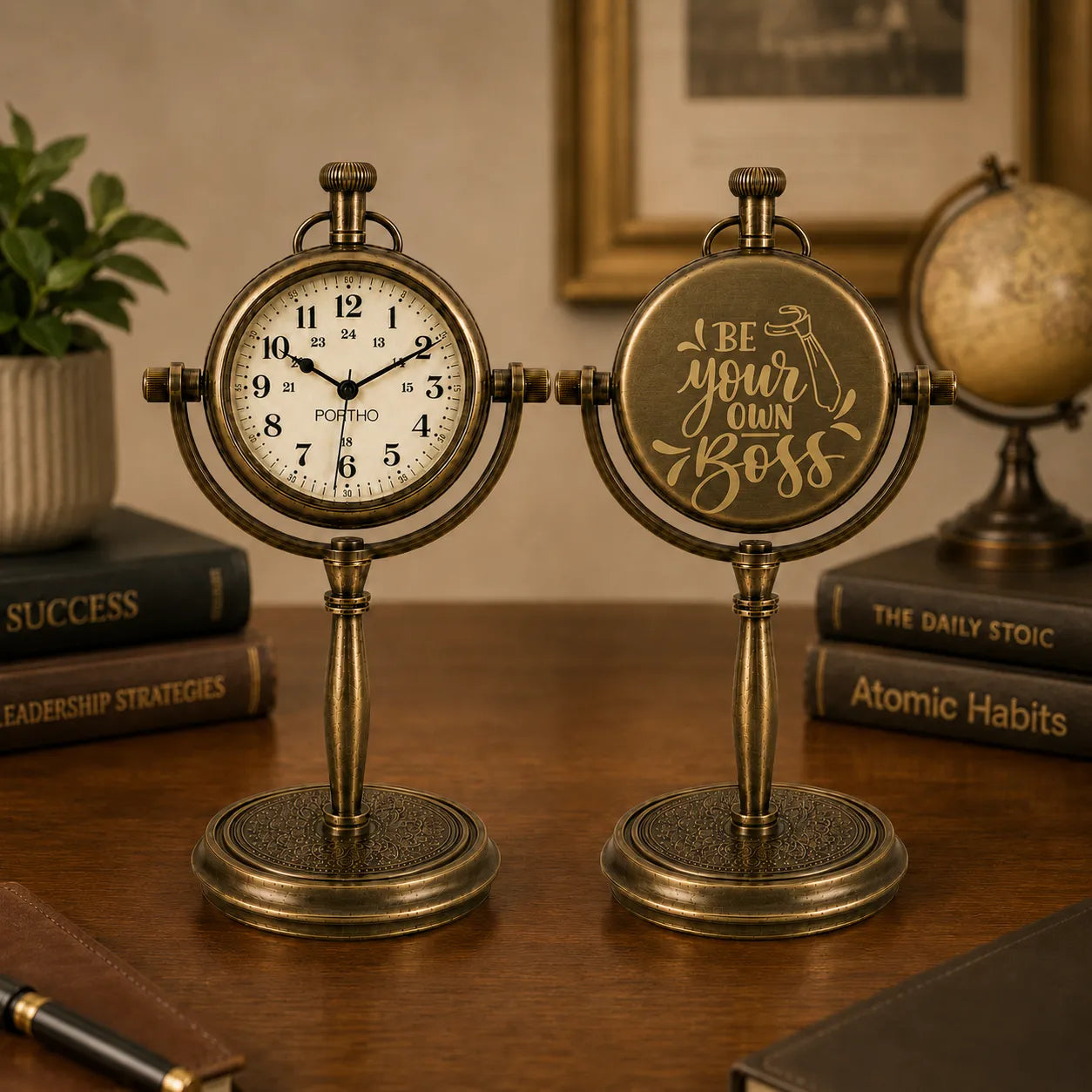Two vintage-style brass desk clocks on stands, displayed on a wooden table with books and a framed picture in the background. One clock face is white with black numerals, and the other has a brass cover with the phrase 'BE YOUR OWN BOSS' in gold script.