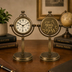 Two vintage-style brass desk clocks on stands, displayed on a wooden table with books and a framed picture in the background. One clock face is white with black numerals, and the other has a brass cover with the phrase 'BE YOUR OWN BOSS' in gold script.