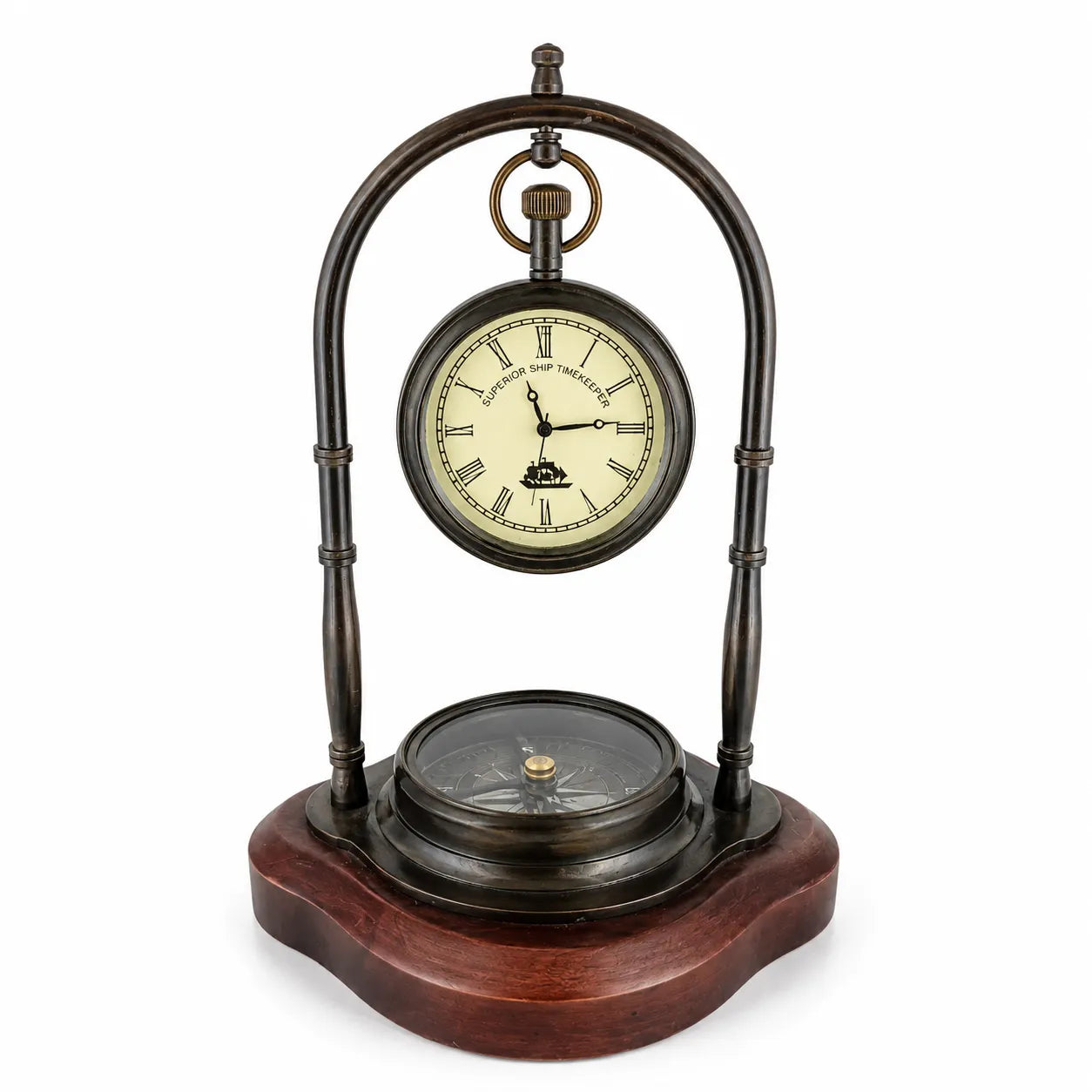 Antique brass desk clock with compass and wooden base front view 