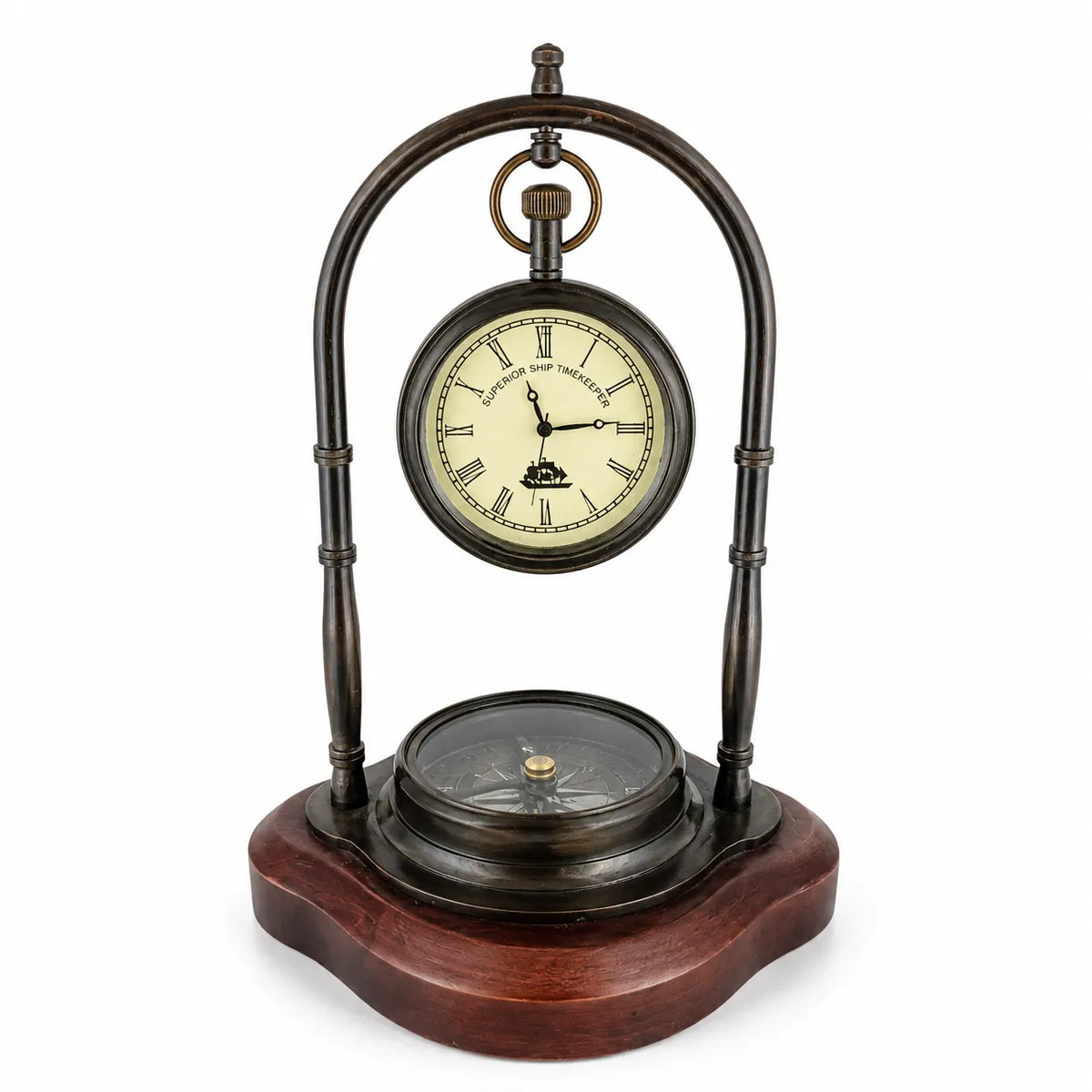 Antique brass desk clock with compass and wooden base front view 