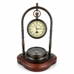 Antique brass desk clock with compass and wooden base front view 