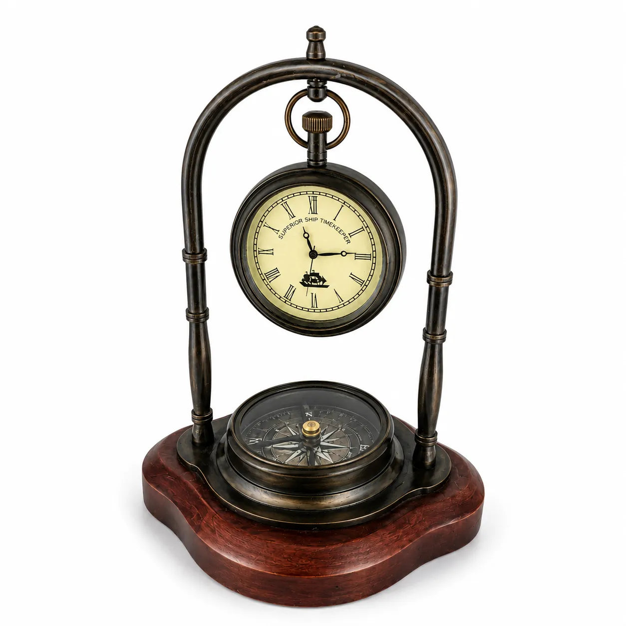 Angled front view of antique brass hanging desk clock with directional compass