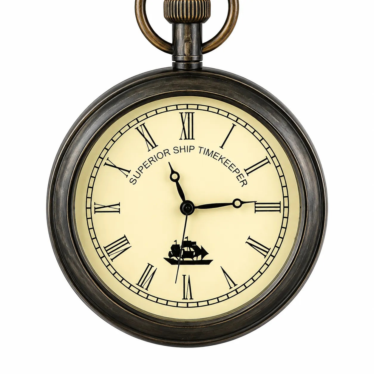 Close-up of Roman numeral clock face on brass desk clock 