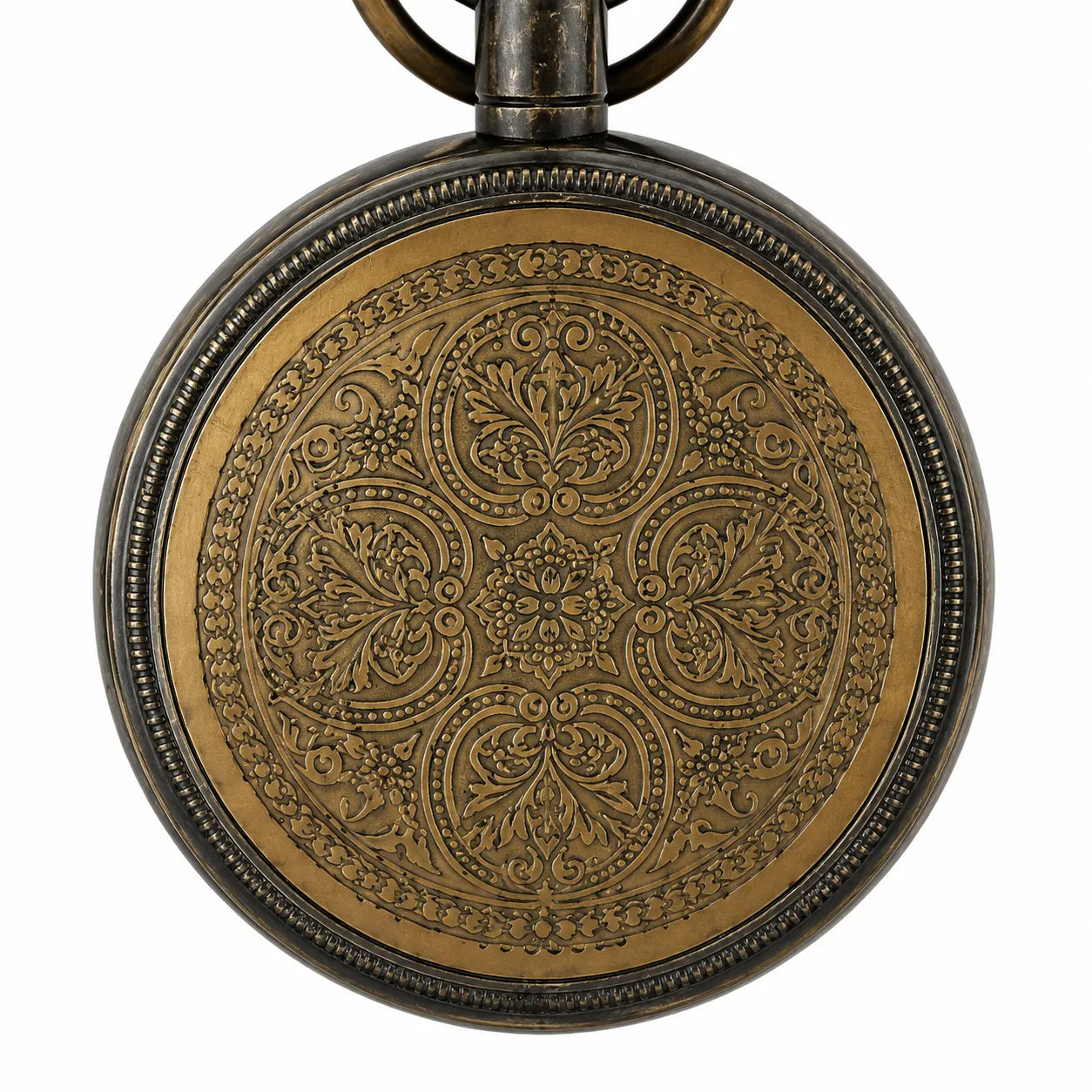 Close-up of decorative engraved back of antique brass hanging clock