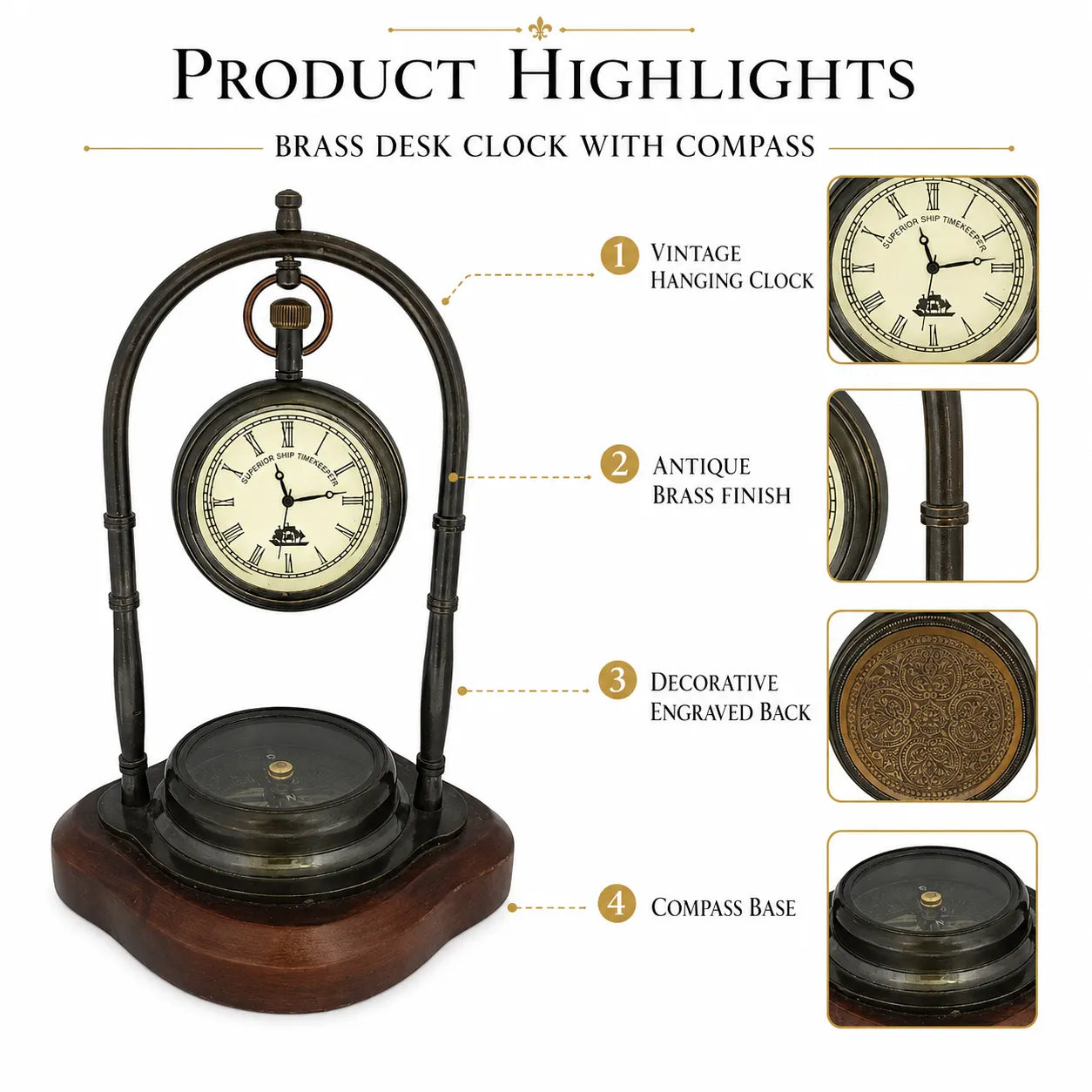 Brass desk clock with compass product highlights infographic 