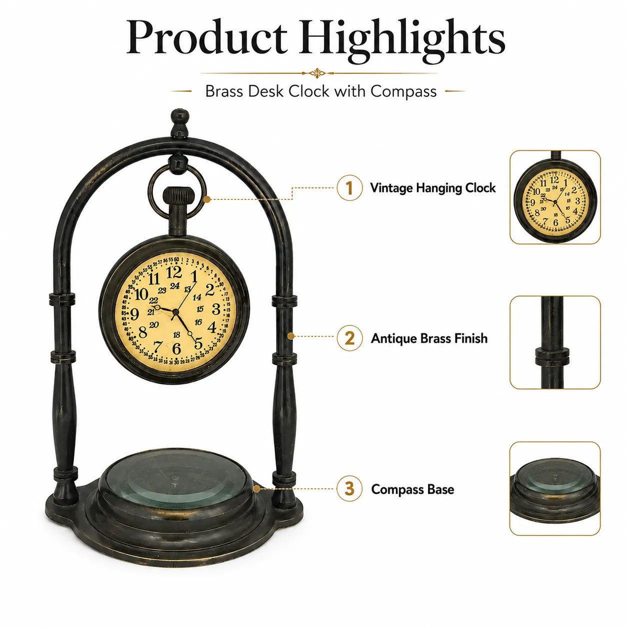 Brass desk clock with compass product highlights infographic