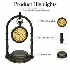 Brass desk clock with compass product highlights infographic