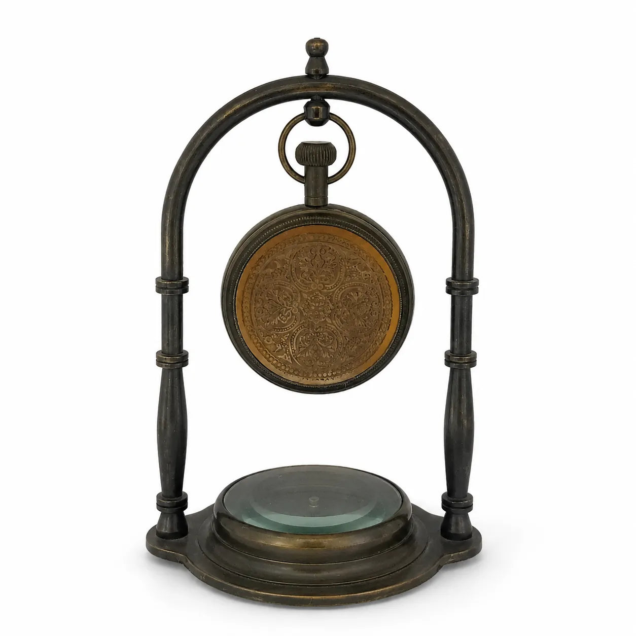 Full back view of brass desk clock with decorative engraved clock case