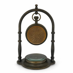 Full back view of brass desk clock with decorative engraved clock case