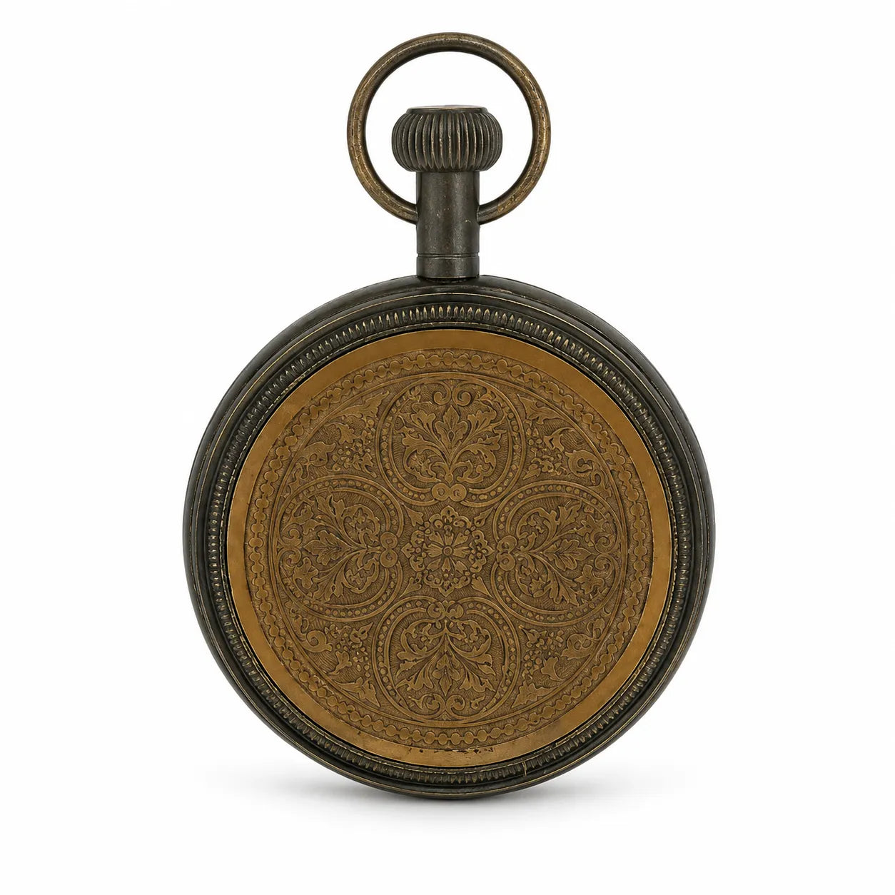 Close-up of decorative engraved back on brass desk clock