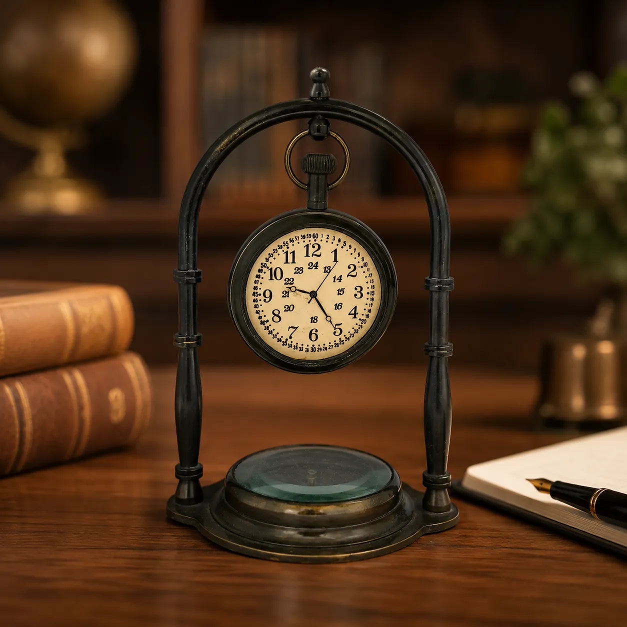 Antique brass desk clock with compass displayed on wooden office desk