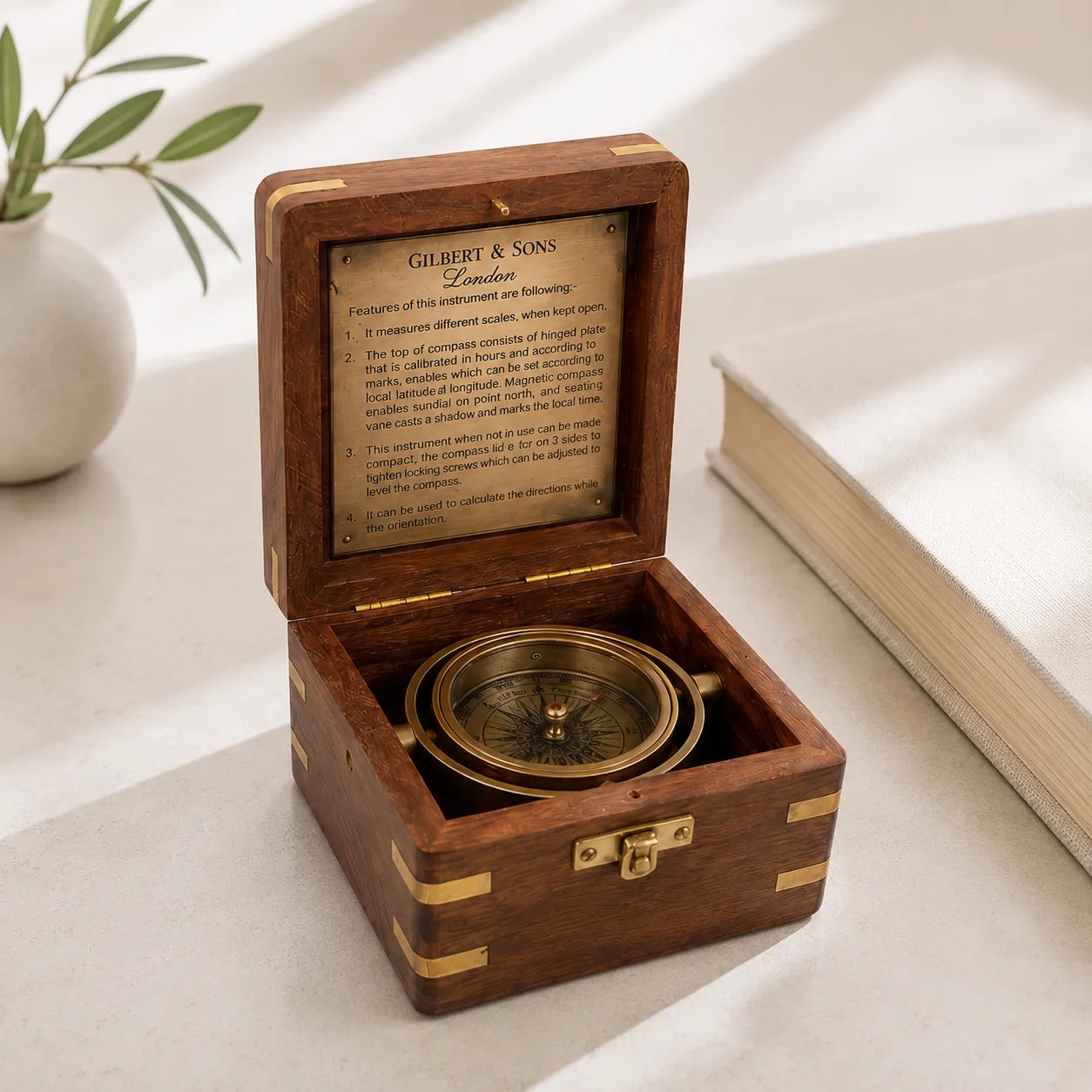An open wooden keepsake box with brass hardware, featuring a vintage-style compass inside and an instruction sheet in the lid. The box sits on a light surface with a book and a small plant in the background.